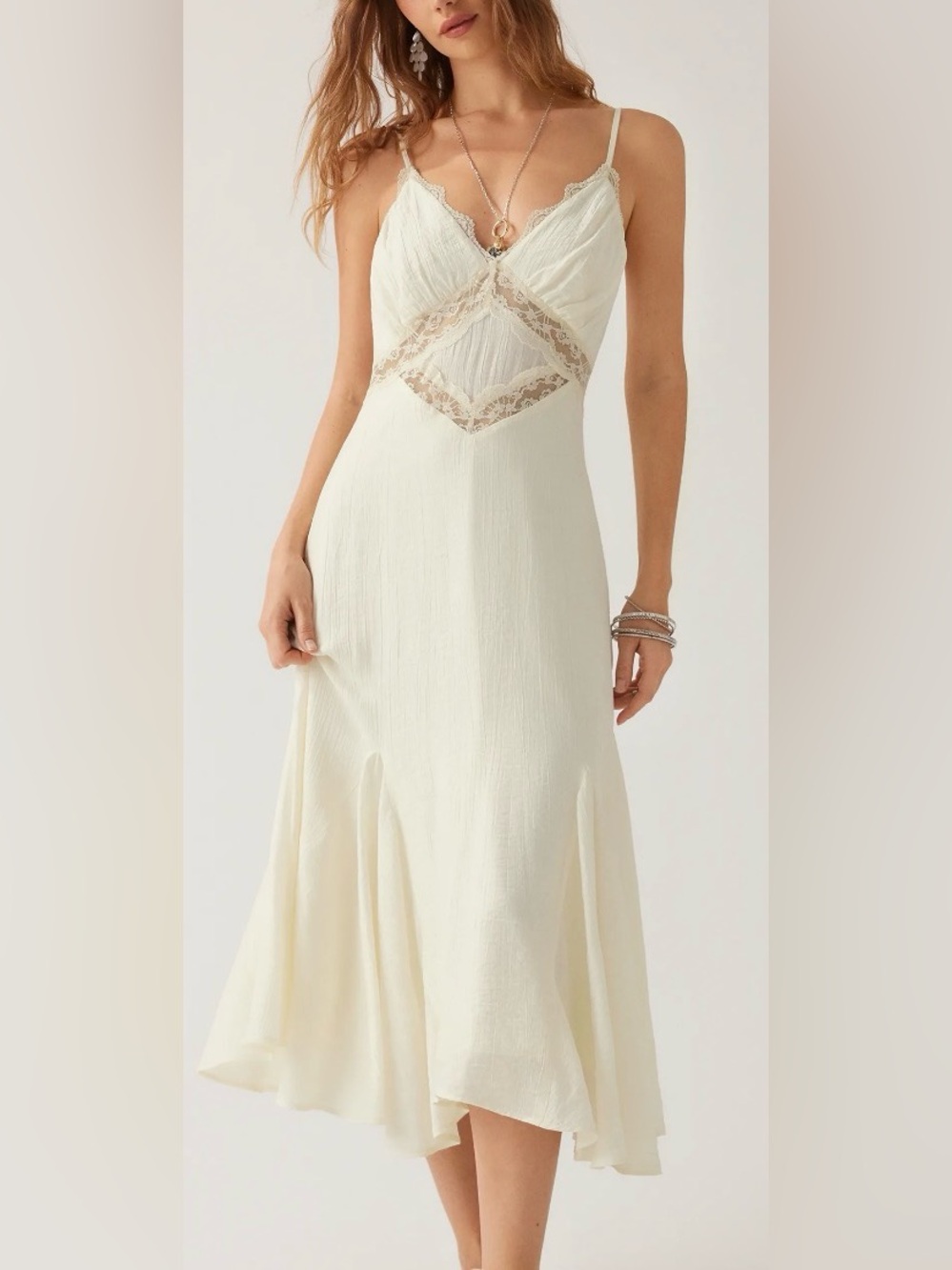 Ivory Lace-Trim Slip Midi Dress NWT